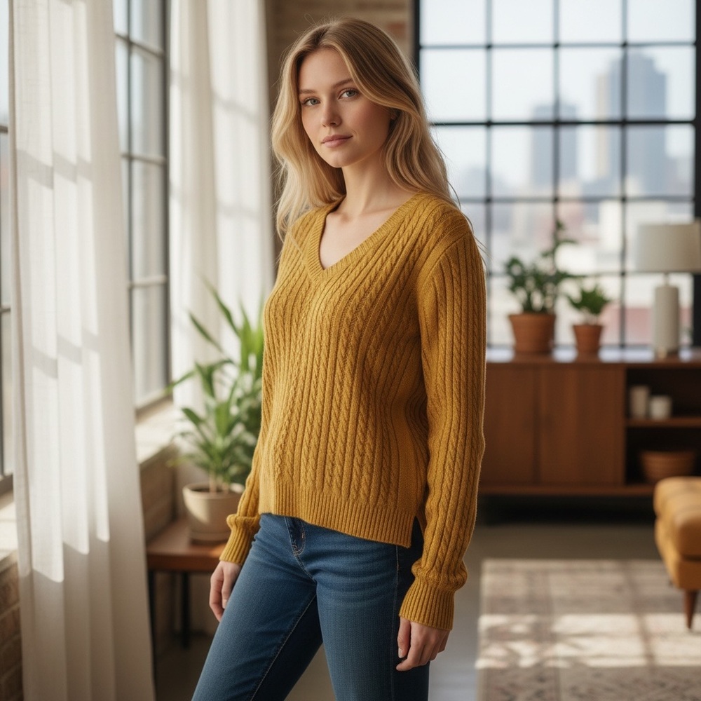 Croft & Barrow Mustard Yellow Cable Knit V‎ Neck Sweater, XL